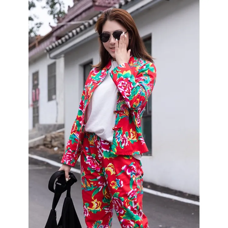 东北大花布长袖套装 女士上衣闺蜜装伴娘服 生日年聚会搞笑演出服