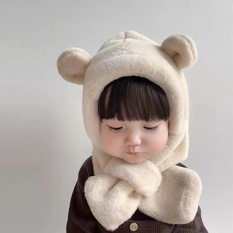 幼儿帽子儿童围巾一体冬季男女童卡通可爱宝宝小熊耳朵防风加厚