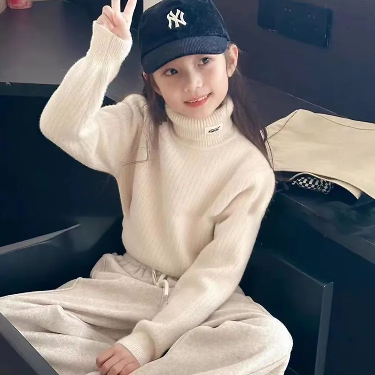 儿童毛衣女童大童秋冬一体绒白色洋气打底加绒加厚宝宝毛衣百搭