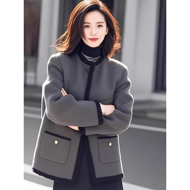 奢姿2024年冬季新款大码女装拼接圆领上衣胖妹妹小香风羊羔毛外套