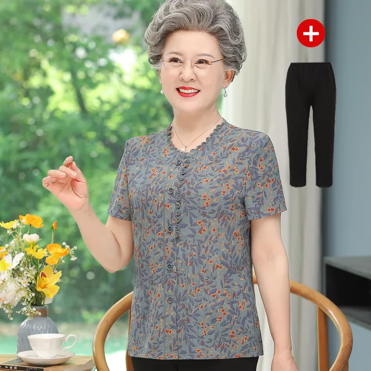 中老年女装夏装女妈妈装短袖t恤奶奶夏季休闲衬衫老太太宽松上衣