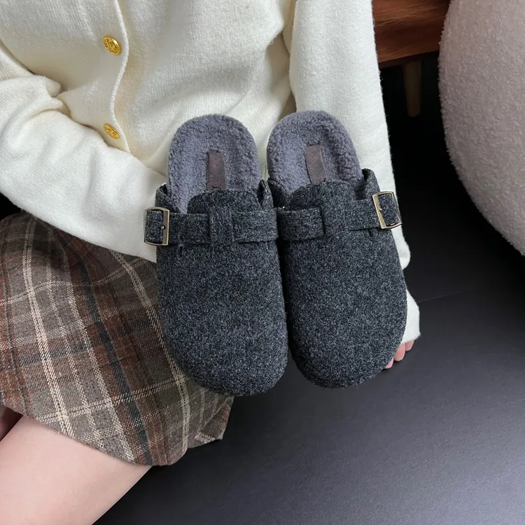Tagabe2025冬季韩版简约格雷系包头拖加绒加厚保暖一脚蹬勃肯鞋