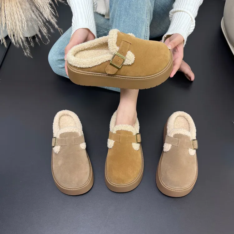 Tagabe【5CM】厚底勃肯包头半拖秋冬加绒加厚保暖防滑一脚蹬懒人拖