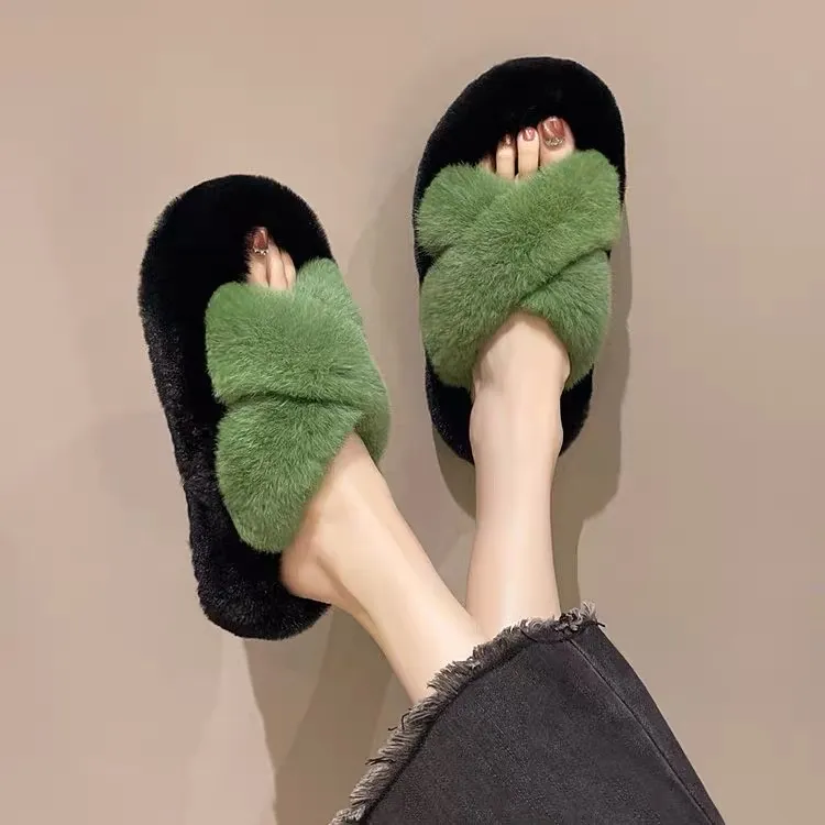 Tagabe2025新款拼色交叉秋冬外穿百搭时尚ins厚底网红保暖毛拖鞋