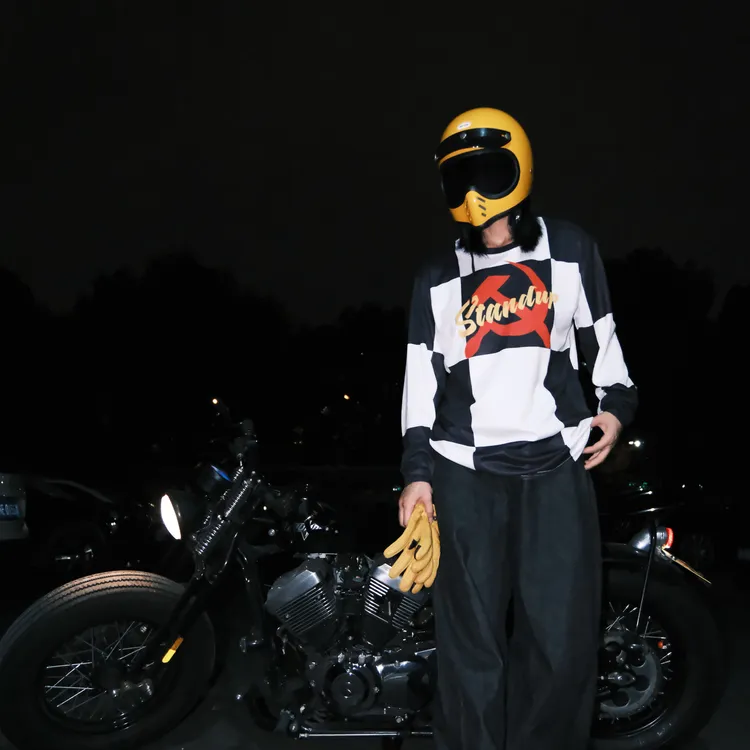 单打Standup格子骑行机车滑板服国潮网眼透气速干长袖