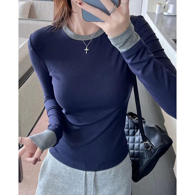 翰代维秋季新款拼接撞色内搭打底衫上衣女修身假两件外穿长袖T恤