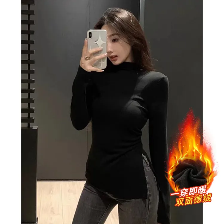 翰代维双面德绒半高领长袖T恤女秋冬季修身显瘦纯色打底上衣