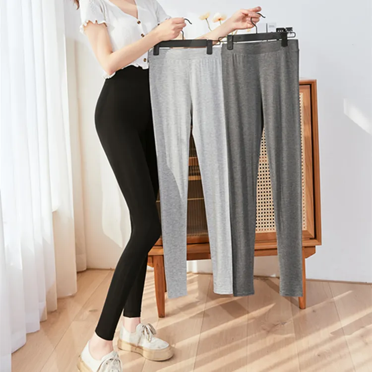 莫代尔高腰打底裤女春夏大码九分弹力小脚裤灰色显瘦薄款长秋裤子