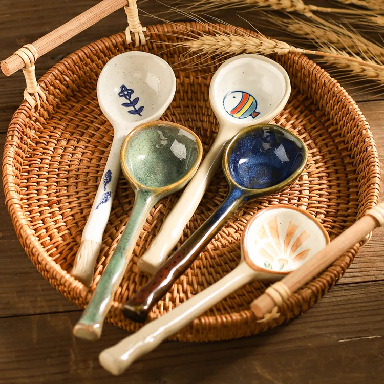 川岛屋日式陶瓷小勺子家用喝汤调羹汤匙可爱高颜值粗陶汤勺ins风