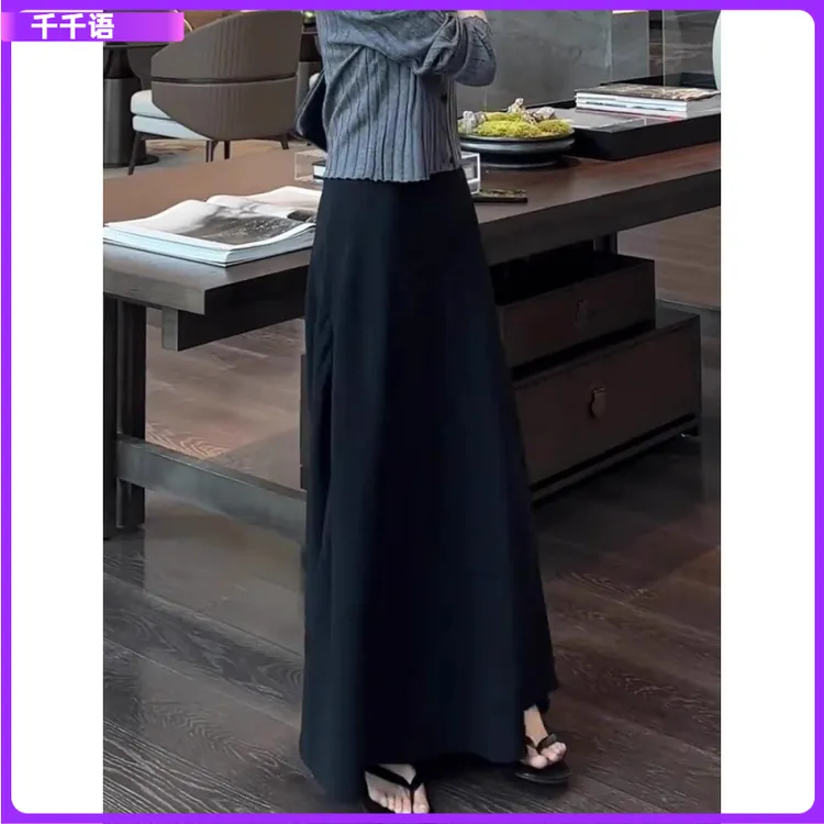 I黑色高腰半身裙女秋冬大码胖mm显瘦立体剪裁简约百搭气质开衩长l