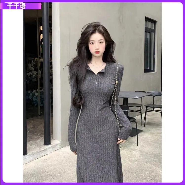I赫本风法式气质长袖连衣裙秋冬新款御姐收腰修身显瘦包臀中长裙l