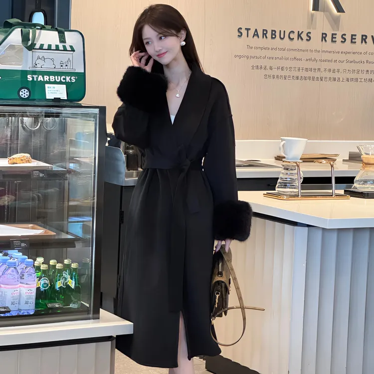 黑色双面大衣女中长款2025冬季新款韩系加长款赫本风气质毛呢外套
