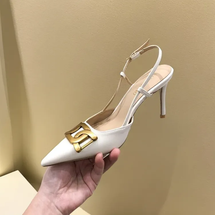 2025时尚春夏新款百搭一字带高跟鞋女细跟尖头气质白色法式夏季