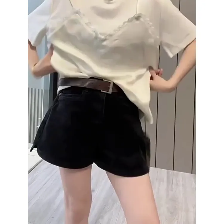 高腰薄款侧开叉牛仔热裤女夏季薄款大码胖妹妹mm显瘦时尚百搭短裤