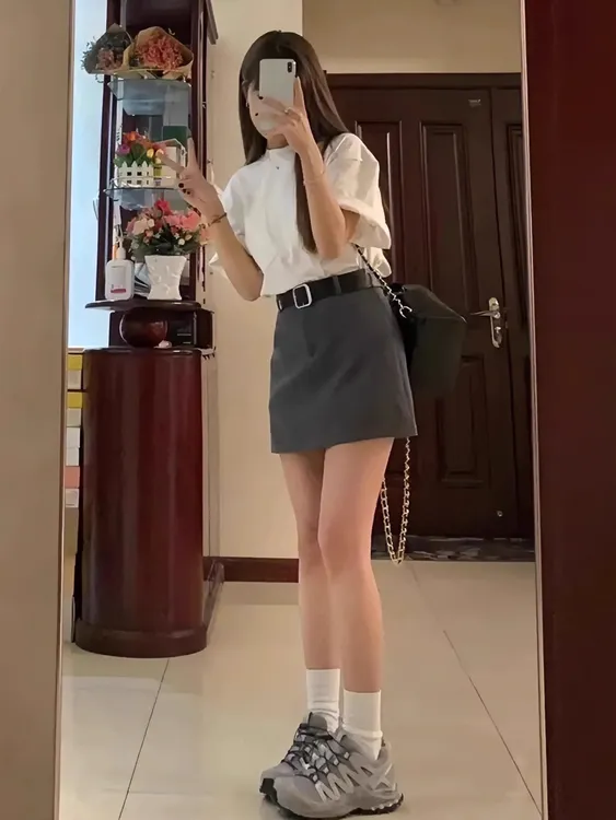深灰色西装短裙女高腰夏季新款大码胖mm显瘦小个子a字包臀半身裙
