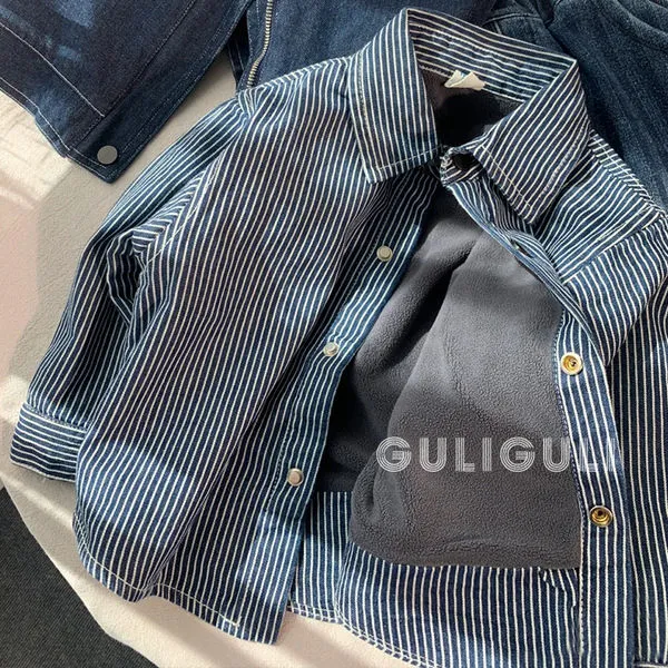 男童加绒衬衫秋冬2023韩版洋气童装时髦加厚上衣酷帅儿童条纹外套