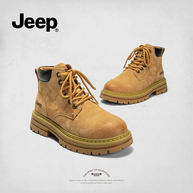 Jeep复古马丁靴新款真皮大黄靴子踢不烂中高帮英伦风情侣工装靴T