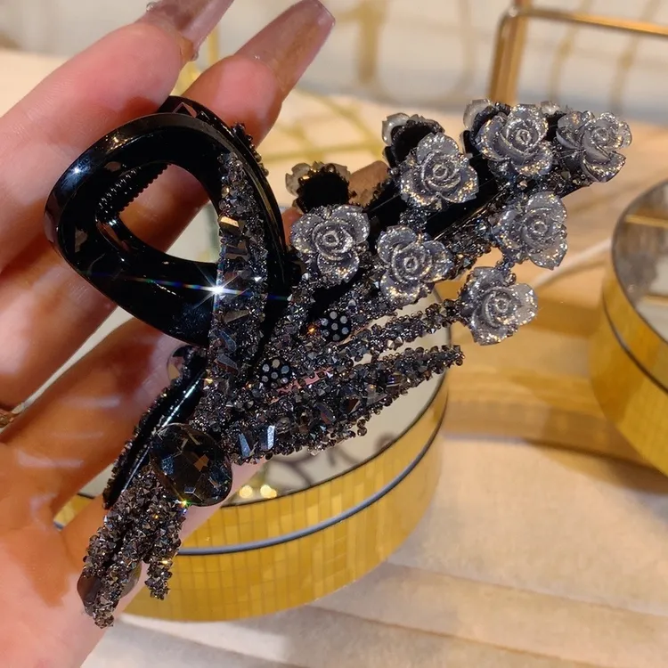11厘米玫瑰花抓夹气质轻奢发夹百搭黑色复古小香风