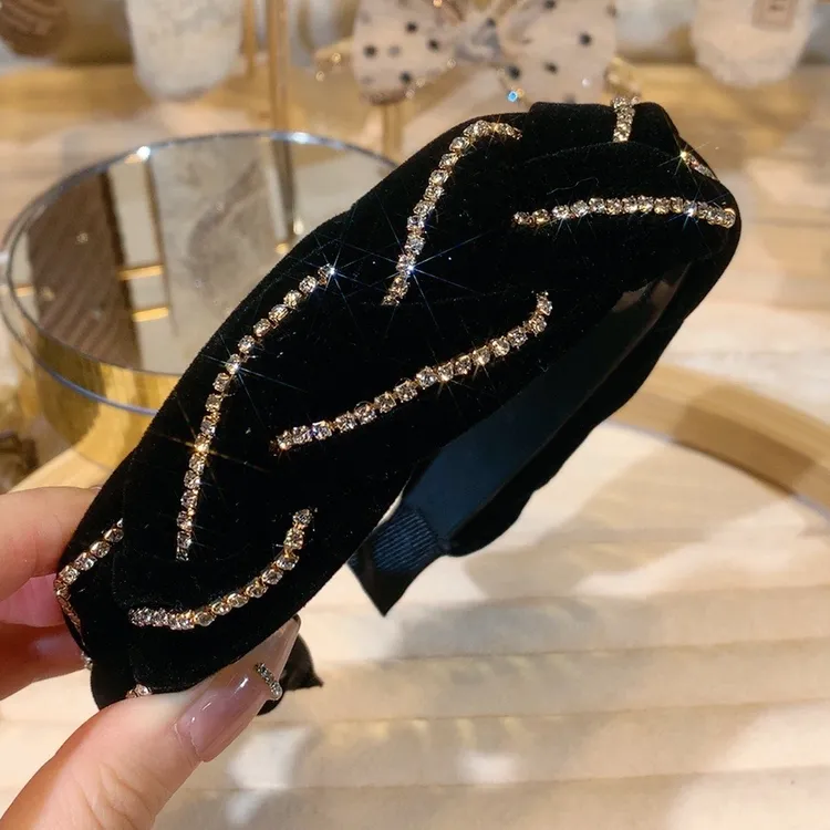 气质麻花编织头箍百搭发箍链条镶钻简约宽边发卡小香风黑色满钻