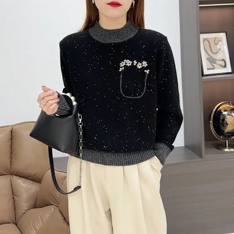 亮片刺绣！秋冬打底针织衫套头毛衣绵羊毛衫FA2235