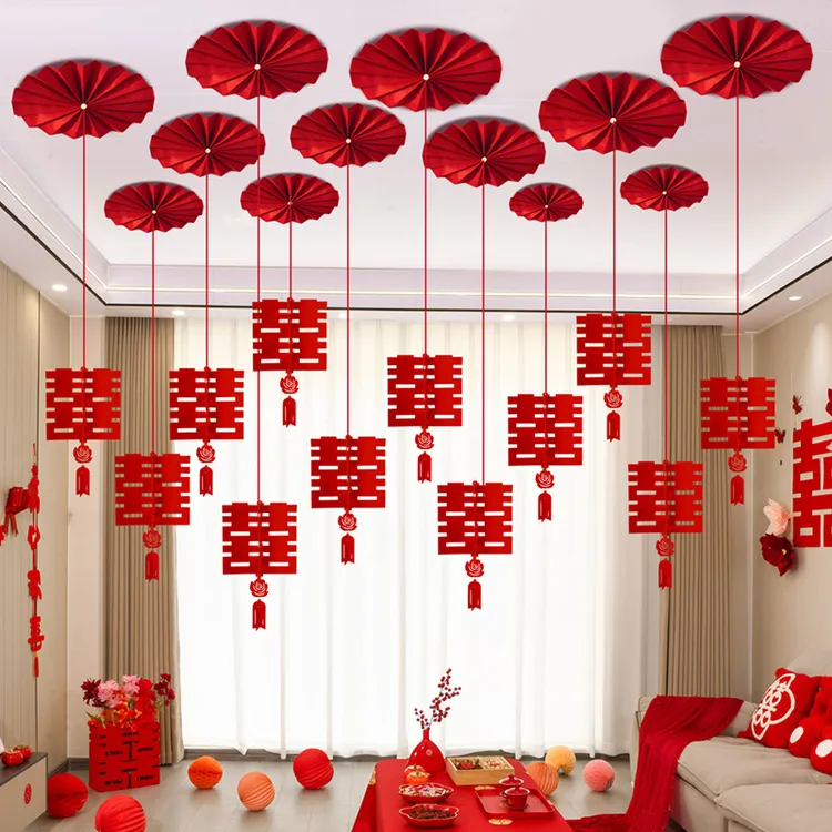 婚房布置套装客厅结婚装饰男女方天花板房顶扇花拉花喜字挂饰大全