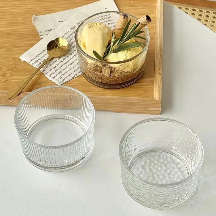【四只装】圆形锤纹网红玻璃碗甜品碗竖条纹水果沙拉碗糖果盘小吃碟