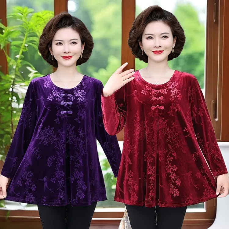 220斤可以穿妈妈秋装金丝绒T恤女加肥加大中老年奶奶装长袖衫宽松