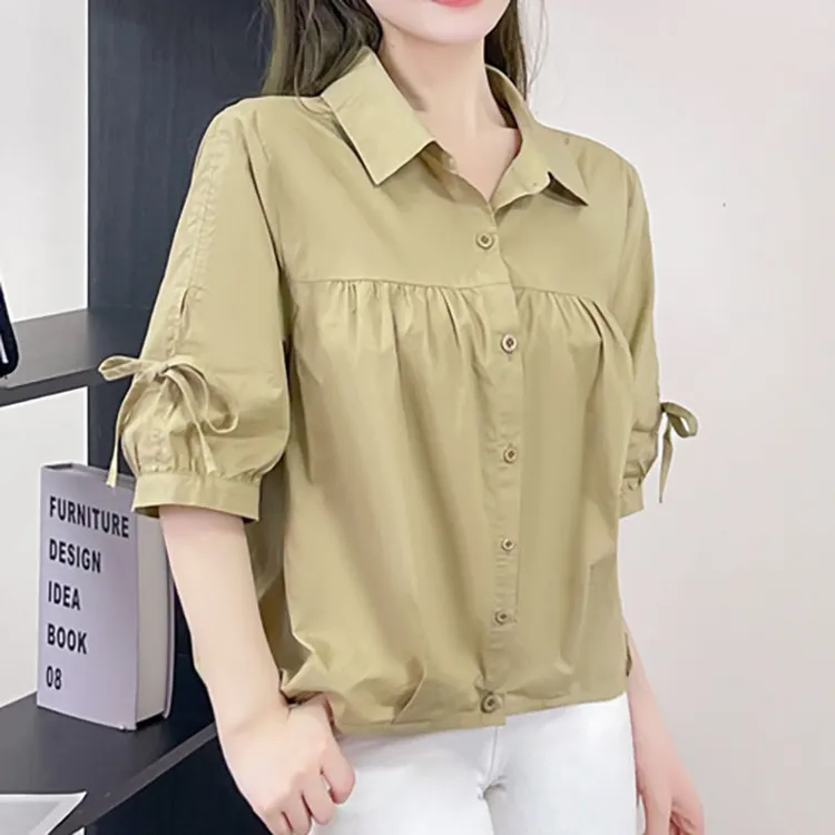 纯棉短袖衬衫女夏季薄款蝴蝶结半袖上衣宽松时尚减龄中袖衬衣外穿