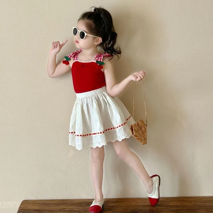 韩国2024夏季新款女童樱桃可爱格子吊带背心+蕾丝花边半身裙套装