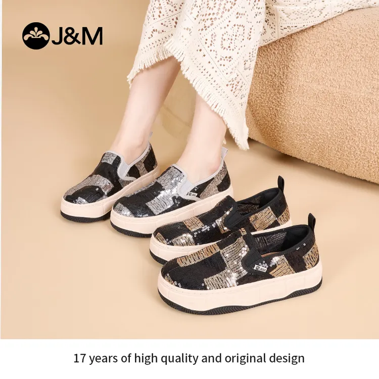 J&M/快乐玛丽2025年时尚亮片撞色乐福鞋一脚蹬软底休闲女鞋87886W