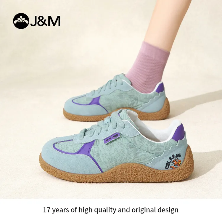 J&M/快乐玛丽跑步联名复古德训软底女鞋真皮系带运动休闲鞋83619W