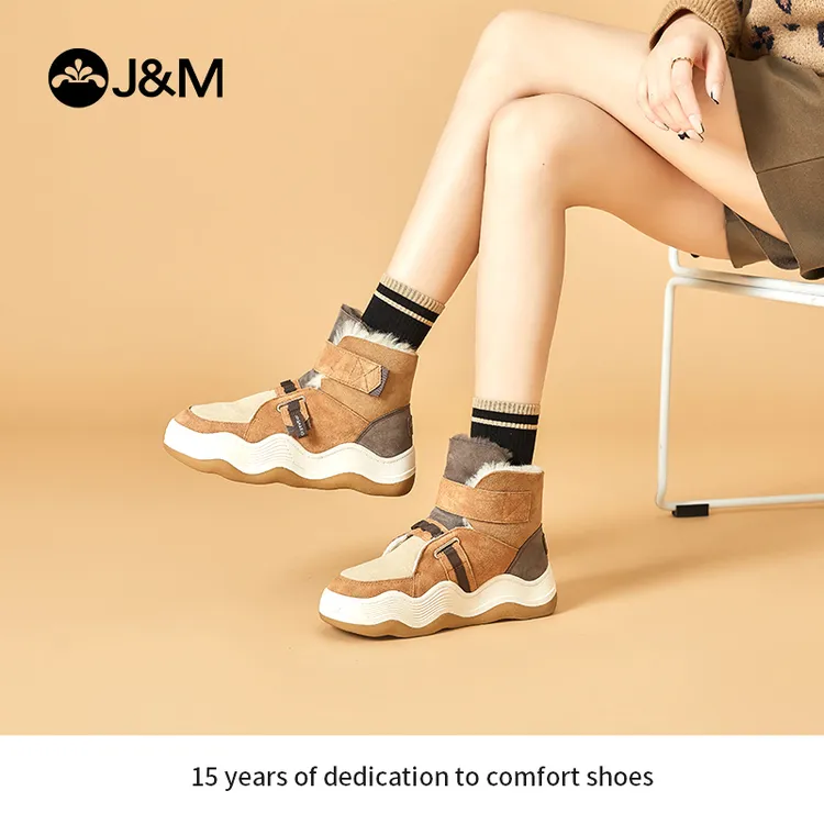 J&M/快乐玛丽冬季爆款雪地靴短筒厚底复古拼色保暖圆头加绒87308W