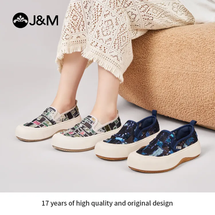 J&M/快乐玛丽2024夏季新品休闲软底亮片网纱女鞋乐福鞋低帮87888W