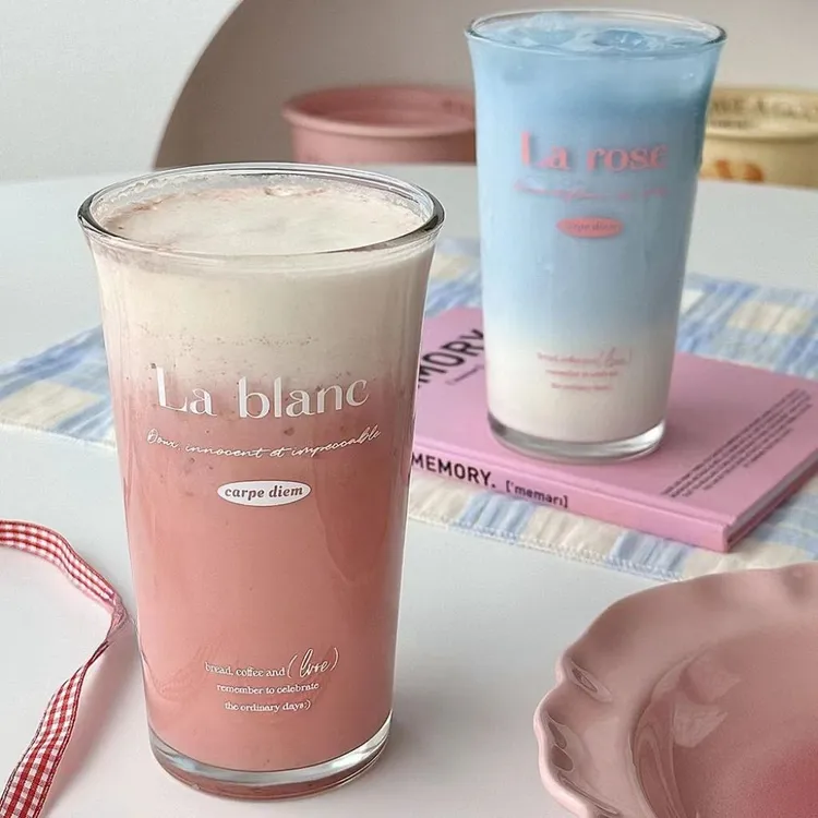 ins风法式字母玻璃杯牛奶杯冷饮杯果汁杯韩版水杯小众美式咖啡杯