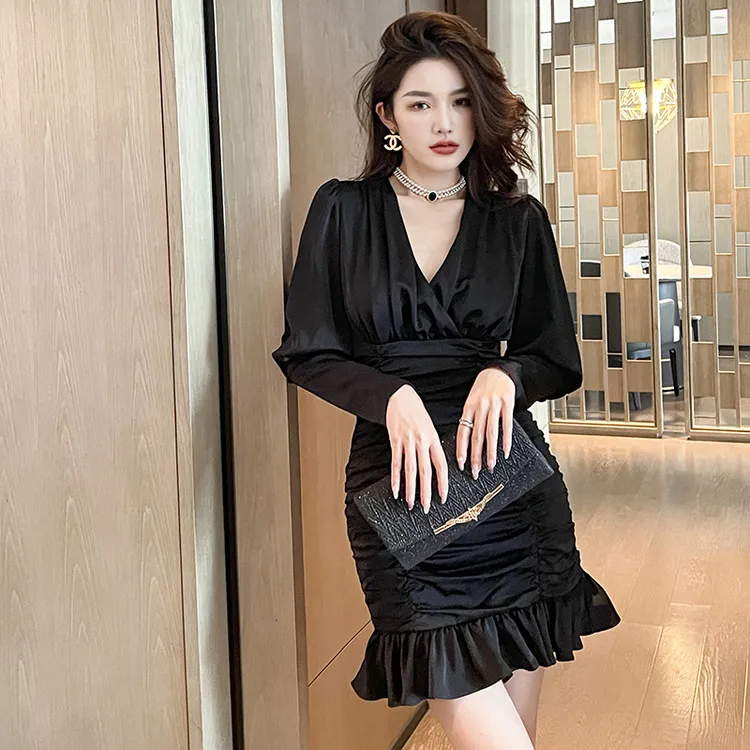 6014新款女装法式设计感鱼尾连衣裙个小个包臀裙