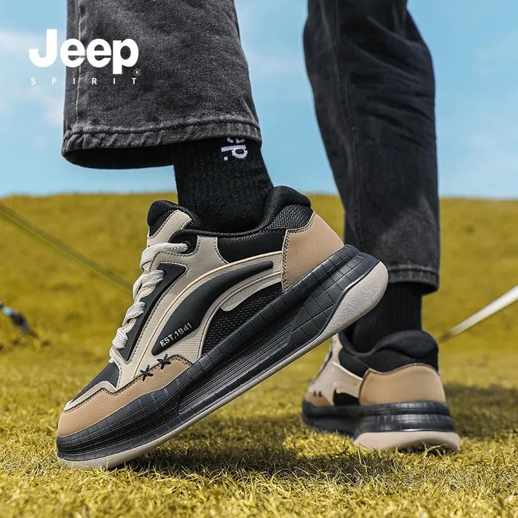 JEEPSPIRIT男鞋2025夏季新款百搭皮面防水耐磨运动休闲轻便跑步鞋