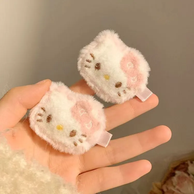 新款可爱猫咪粉色kitty毛绒发夹女卡通刘海侧边夹碎发夹头饰发饰