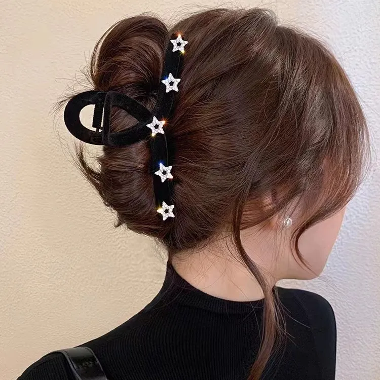 新款闪钻丝绒星星盘发鲨鱼夹黑色女大抓夹气质网红发饰头饰上班族