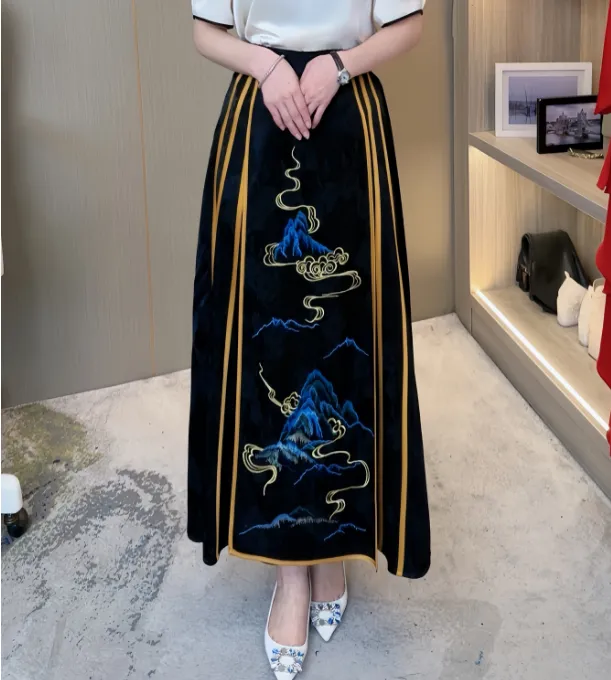 25187早春新款国风刺绣千里江山图拼色条纹马面裙