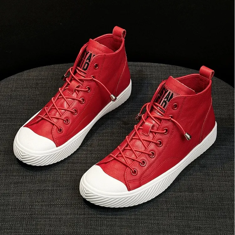 头层牛皮高帮鞋子女潮流春秋时尚薄款休闲小白鞋运动平底红色单鞋