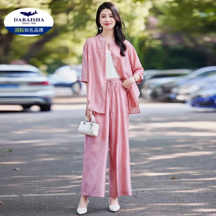 时髦气质天丝提花阔腿裤套装女夏季高级感休闲宽松防晒衬衫两件套