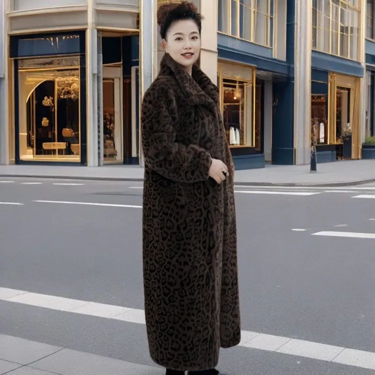 2024新款轻奢长款豹纹毛毛外套皮毛一体立领雪兰貂大衣