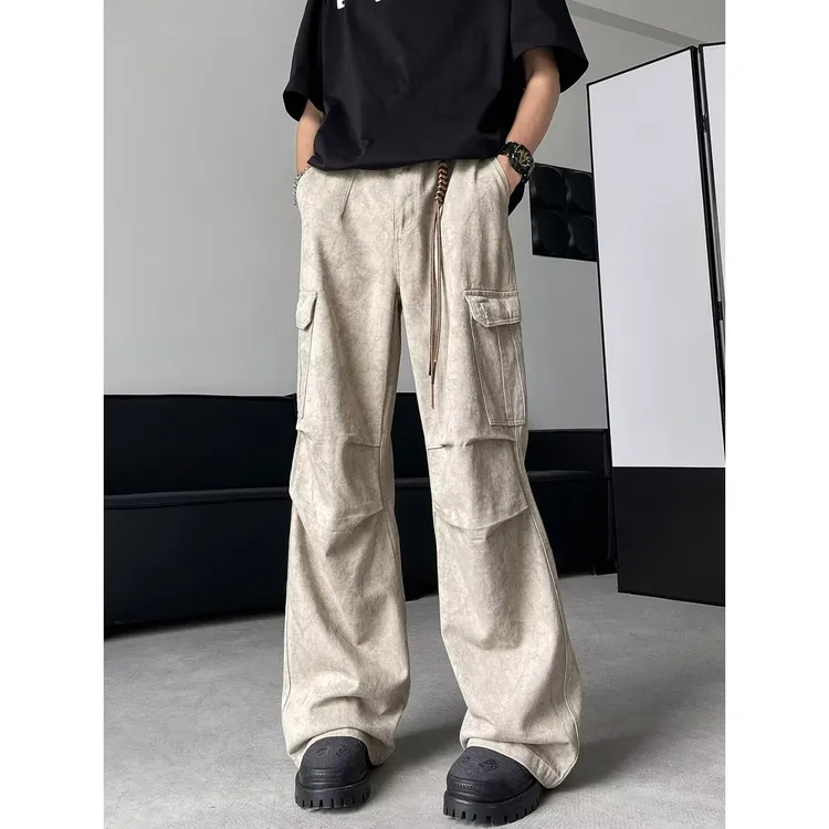 美式多口袋伞兵工装裤男高街vibe褶皱痞帅宽松直筒休闲阔腿长裤子