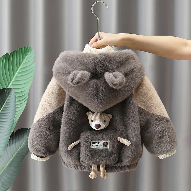 男童毛毛衣冬款2025新款儿童加绒加厚棉衣宝宝连帽卡通小熊棉袄潮