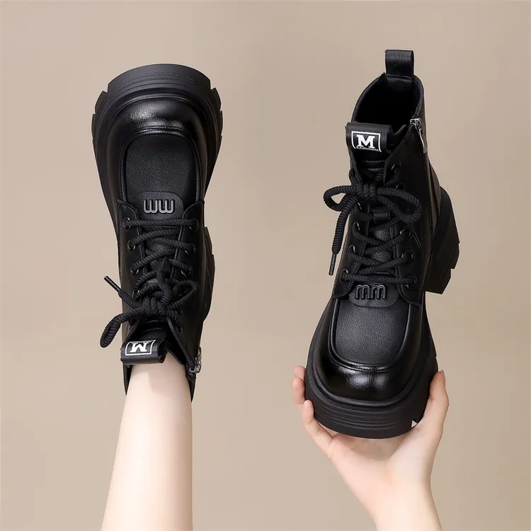跟高7cm 真皮圆头马丁靴女款2024秋冬新款厚底加绒短靴百搭机车靴