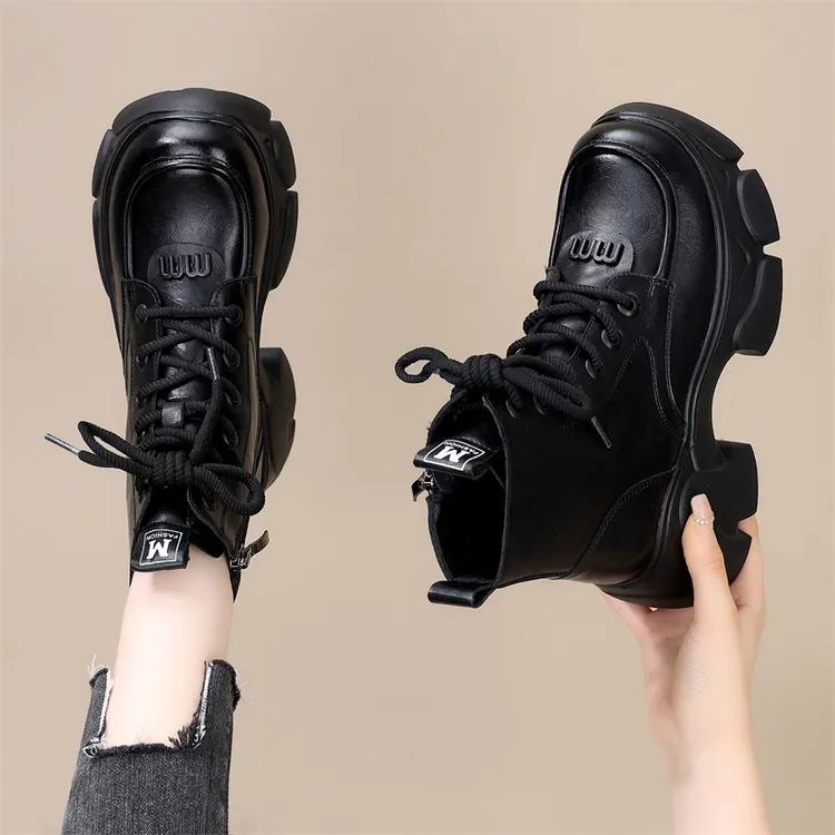 跟高6cm 软皮高颜值马丁靴女款2024年春秋单靴复古矮子乐厚底短靴