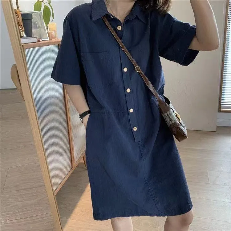 休闲棉麻衬衫裙女夏季2025新款通勤简约气质直筒翻领短袖连衣裙