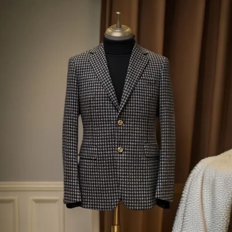 TAROCC冬款羊毛尼千鸟格单排两粒扣双开叉平驳领男士西服（2908）