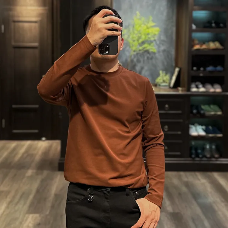 C++时尚男士丝光长绒棉弹力圆领简约长袖T恤彩色系列纯色百搭