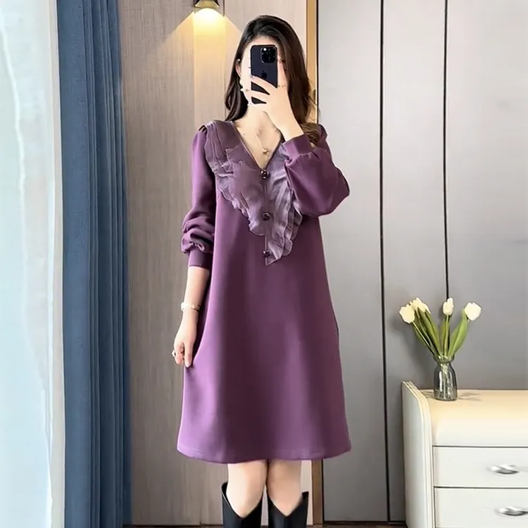 欧货高端大码宽松荷叶边V领中长裙子春秋新款百搭时尚打底连衣裙